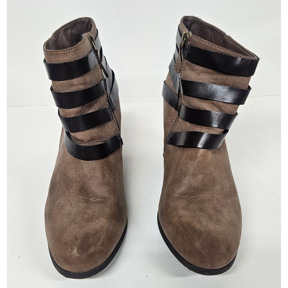 Madden Girl Deluxxxe Taupe Brown Multi Strap Studded Block Heel Ankle Boots 10M